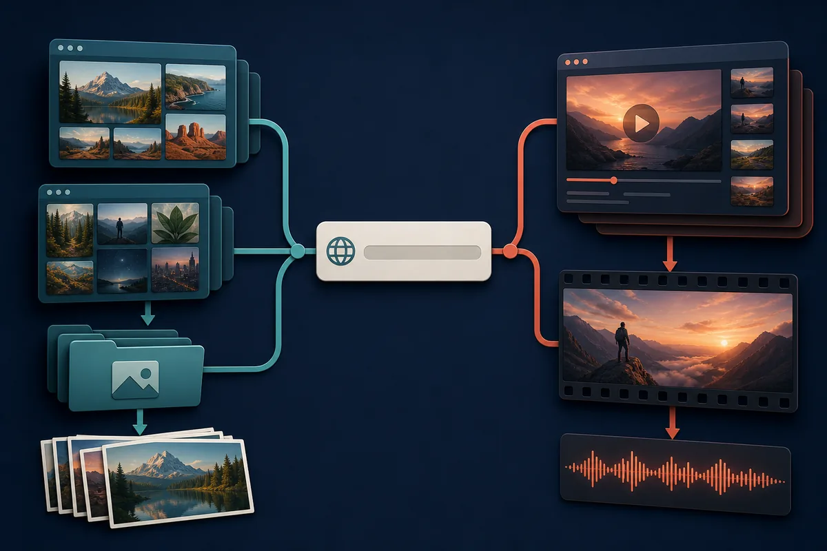 Conceptual URL split showing image galleries flowing to image folders and video pages flowing to video and audio files