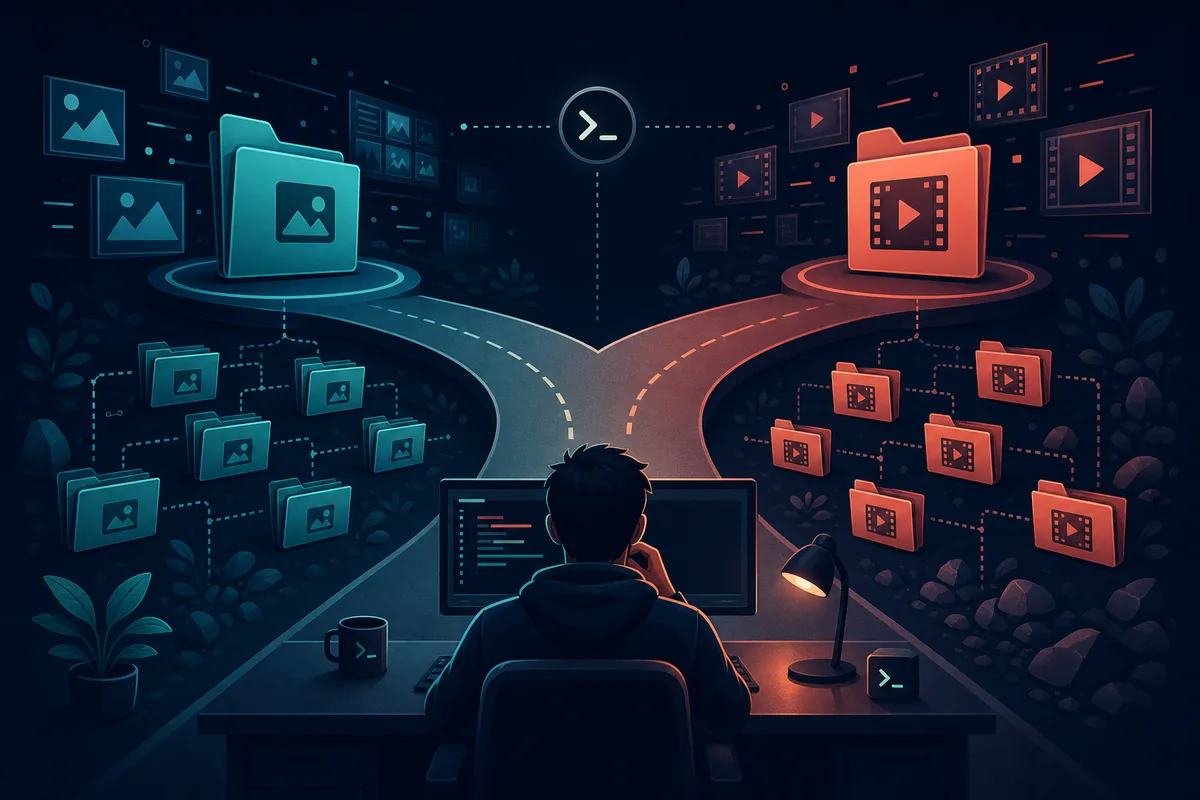 Conceptual decision path from a local terminal to an image-gallery workflow or a video workflow