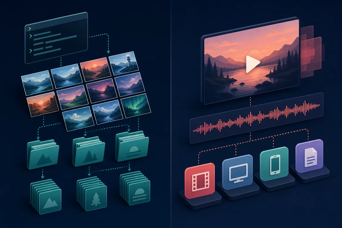 Conceptual split illustration comparing gallery image folders with a video and audio download workflow
