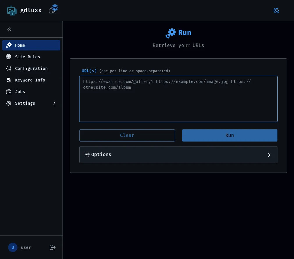Real gdluxx browser GUI home screen with URL input and gallery-dl options