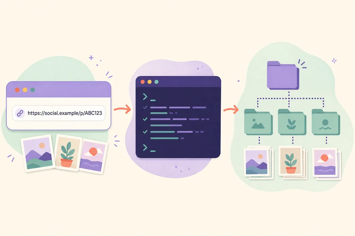 Editorial illustration of an Instagram-style URL moving through a local terminal into organized media folders
