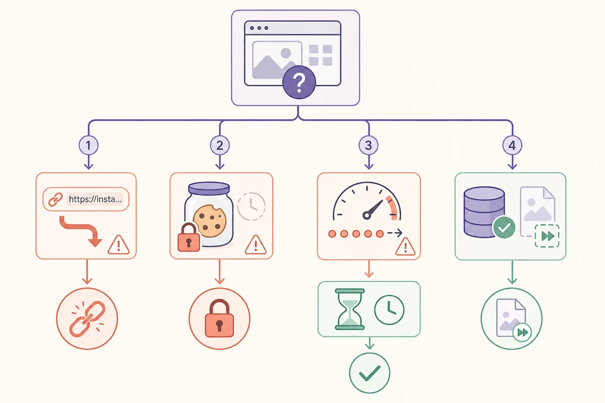 Editorial branching diagram for Instagram URL, cookie, rate-limit, and archive troubleshooting paths