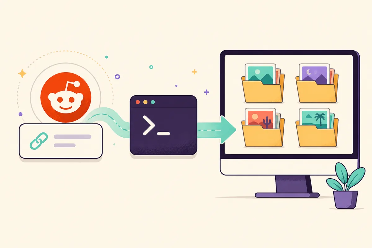 Editorial illustration of a Reddit-style community link moving through a local gallery-dl terminal into organized image folders